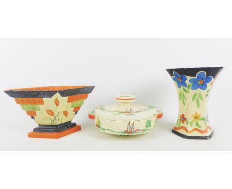 Collection of Art Deco pottery to include Royal Staffordshire serving dish and cover, Arthur Woods vase and a Myott &amp; Son