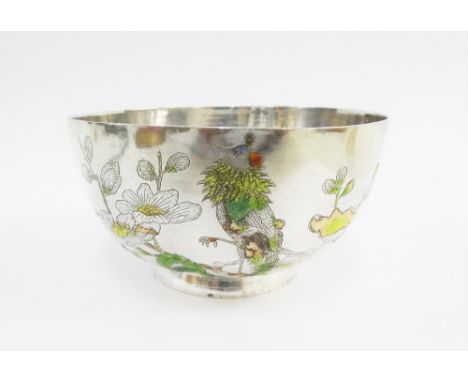 Chinese silver and enamel bowl with bird and flowers pattern, on a plain circular foot rim, 10cm diameter 
