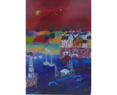 S L Mead,  Red Light House,  coloured print, signed in pencil, No 23/40,  glazed frame, 28 x 39cm 