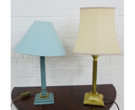 Brass Corinthian column table lamp base and shade together with another in blue wood,  (2)