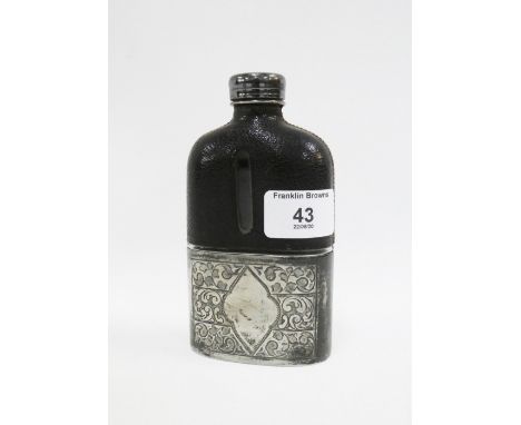 Pewter and leather covered glass hip flask, , with screw top, 14cm high 