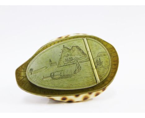 Cowrie shell snuff box with Epns mounts with an engraved harbour Scene, 9cm long 