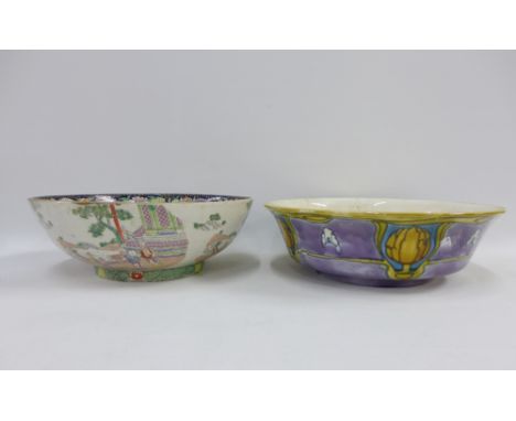 Minton Ltd Art Nouveau pottery basin and a Staffordshire chinoiserie pattern bowl, largest 42cm 