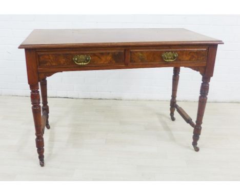 19th century mahogany and burr wood table with two frieze drawers and turned supports, ceramic castors, 78 x 115cm 