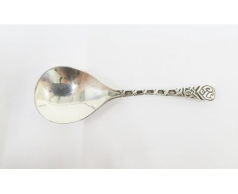Scottish silver caddy spoon, Robert Allison, Glasgow 1947, with celtic pattern handle, and hand beaten bowl, 10cm long 