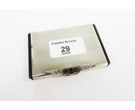 Continental silver compact, stamped Sterling, with engine turned and jeweled lid, mirrored interior, 8 x 6cm 