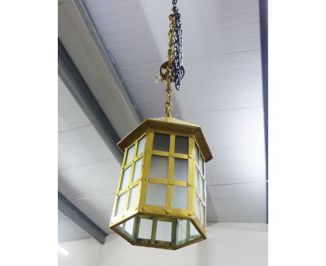 Hexagonal brass and glass panelled lantern light fitting