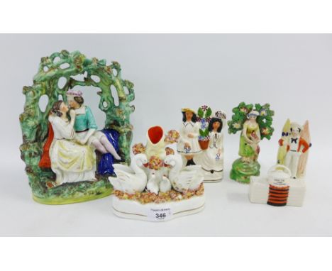 Collection of 19th century Staffordshire figures to include Shepherdess and a couple in an arbour, etc. together with Willow 
