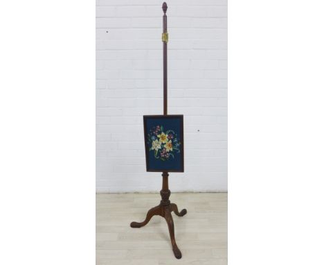 Mahogany pole screen with rectangular tapestry panel and tripod legs, 146cm high 