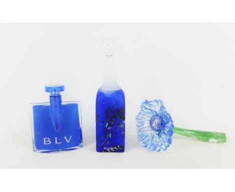 Kosta Boda blue glass bottle and stopper designed by B. Vallien together with Bulgari blue glass scent bottle (empty) and an 