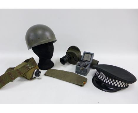 A collection  of military items to include WWII US telescope elbow sight M17 JKC, 1942, vintage Cockpit compass Type E2A, hel