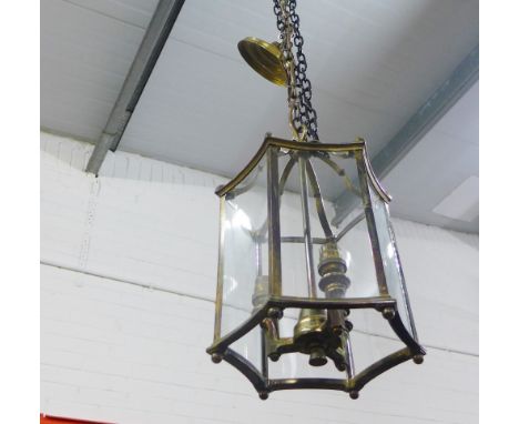 Hexagonal brass and glass panelled lantern light fitting
