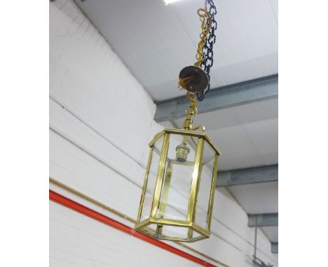 Hexgaonal brass and glass panelled lantern light fitting 
