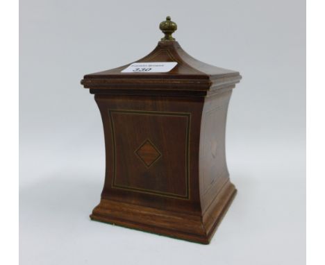 Mahogany and inlaid caddy box and cover, with a brass finial, 15cm high 