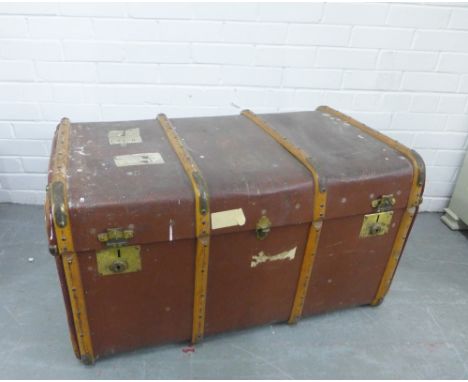 Vintage wooden bound travel trunk with brass fittings
