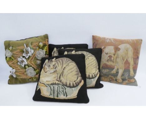 Collection of five cushions to include a tapestry and beadwork pillow, three with cat pattern and one with a bulldog, (5) 