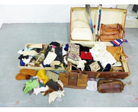 Trunk containing a collection of miscellaneous vintage scarves, handbags, parasols and other accessories, etc (a large lot) 