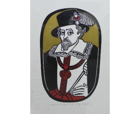 Willie Rodger (Scottish 1930 - 2015)  James VI of Scotland,  Coloured screenprint, No 32/100,  signed and dated '75,  in glaz