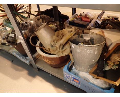 Two shelves of mixed items to include tools and garden items 