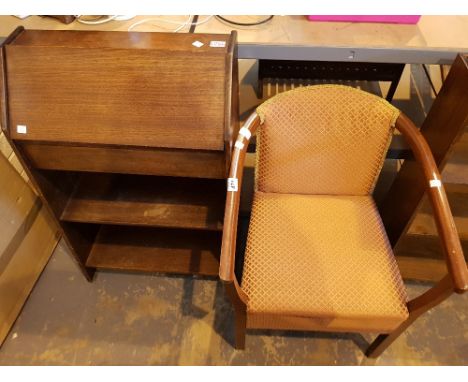 Commode chair in terracotta coloured fabric and a vintage bureau of small proportions