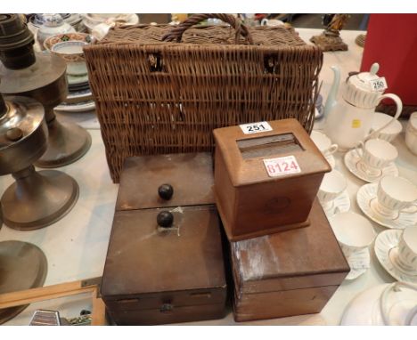 Wicker picnic basket sewingbox and cigarette dispenser with tea caddy