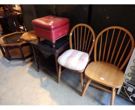 Two pine stick back chairs circular side table glass topped octagonal table and foot stool 