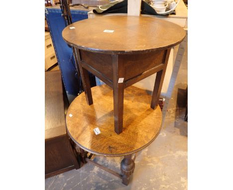 Oak circular occasional table and a vintage oak sewing table with lifting lid 