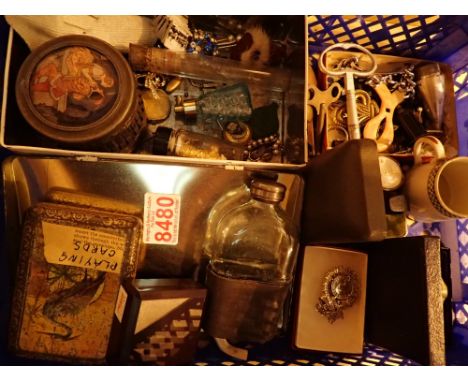 Tray of collectables including costume jewellery wristwatches flask etc
