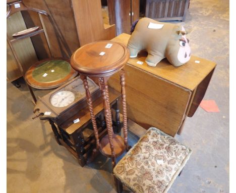 Mixed furniture including a dropleaf table side table nest of tables foot stool plant stand gents dressing stand and clock 