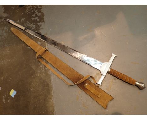 Reenactment steel broadsword with white metal guard marked Macleod and leather scabbard blade length 100 cm 