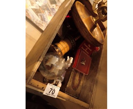 Box of mixed small collectables including wood / brass ships wheel style nutcracker miniature sailing ship in a light bulb po