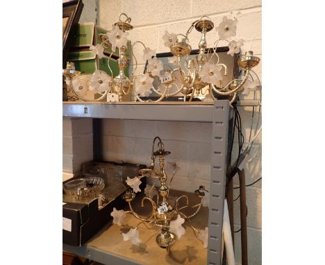 Three 24ct gold plated chandelier with Pague glass shades plus 3 boxes containing spare light shades