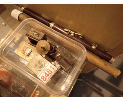 Clarke tin plate penny whistle antique flute lacking mouth piece group of vesta cases and miniature mining lamp