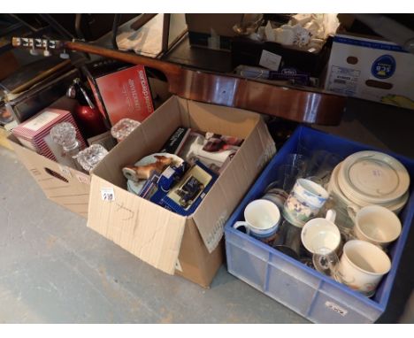 Silver reed typewriter with several boxes of glass ceramics and general household items