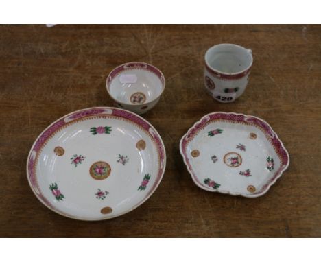 Group of early 19th Century Chinese famille rose porcelain of the same pattern, tea bowl, coffee cup, hexagonal dish and a de