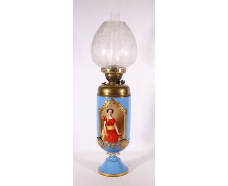 French porcelain cache pot with central vignette depicting female with pearl necklace and crook against a blue ground, conver