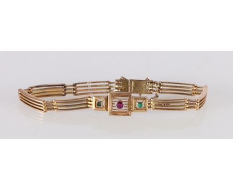 Unhallmarked gate link type bracelet set with circular faceted ruby and two square cut emeralds, 15.5g gross 