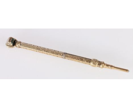 Gilt metal telescopic pencil by Sampson Mordan and Co having swivel bloodstone, amethyst and white agate finial, 11.5cm long&