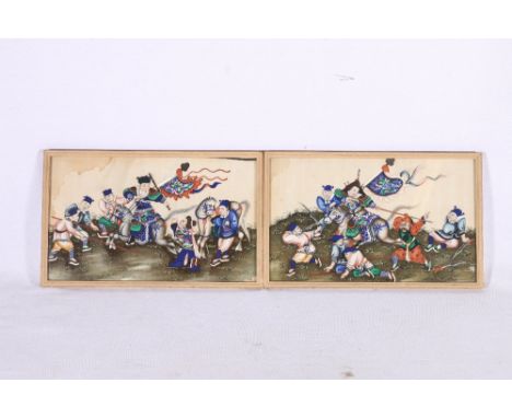 Pair of late 19th Century Chinese pith paper painting depicting a hunting chase with two figures on horse back, 16.5 x 18cm. 