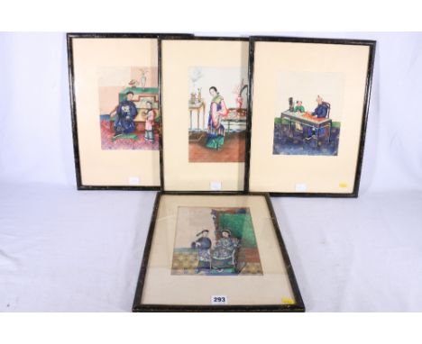 Four 19th Century Chinese paper paintings with finely detailed depictions of a courier and anattendant before a large screen,