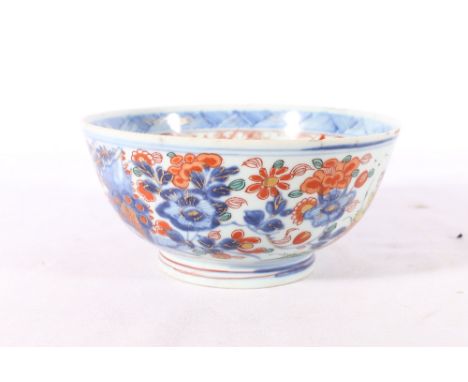 An interior 19th Century 'clobbered' Chinese blue and white bowl, decorated with a European lady being serenaded by a cellist