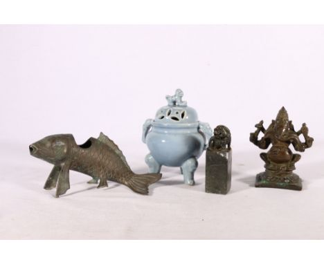 Early 20th Century Indian bronze statue of Ganesh seated on a throne, square base, a Japanese bronze carp censer (lid missing