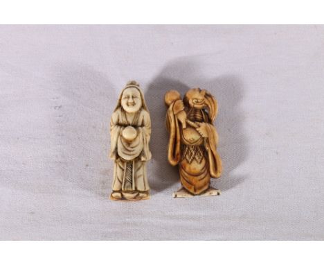 Carved ivory netsuke of a man holding a gourd, 5.5cm and a carved ivory figure of a woman, 6cm. 
