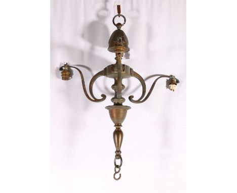 Art Nouveau copper three branch light fitting in the manner of Benson, 56cm tall&nbsp; 