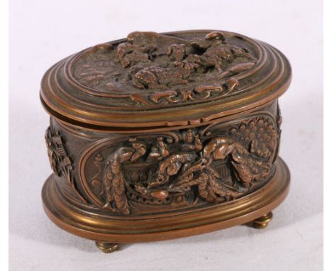 After Louis Theophile Hingre (French, 1832-1911)&nbsp;A oval cast bronze box decorated with peacocks, eagle, rams etc., 10cm 