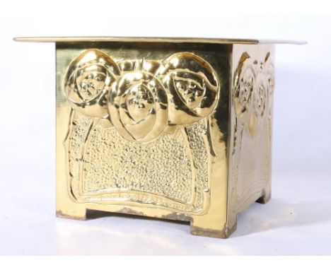 Glasgow School Arts and Crafts repousse brass planter of square section decorated with stylised roses in the manner of Margar