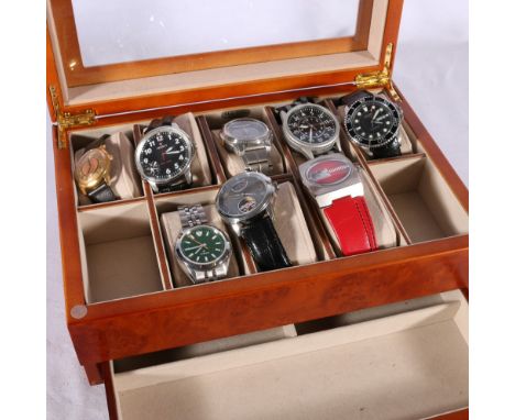 Mele and Co burr wood watch case containing eight watches including Earnshaw, Rotary, Viceroy, Casio, Anker etc. 