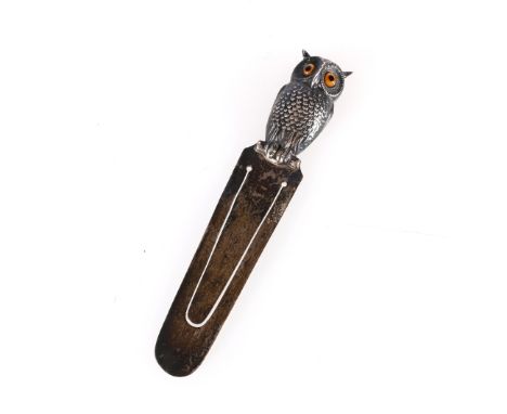 George V novelty silver bookmark with owl finial by Sampson Mordan and Co Ltd Chester 1918, 9cm tall  Condtion Report:Bend in