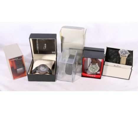 Five gents fashion watches including Timex Expedition, Two Philippe Starck for Fossil watches, Bulova military style watch an