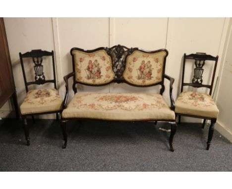 Victorian mahogany parlour sofa with pierced splat back raised on cabriole supports and a pair of similar side chairs 